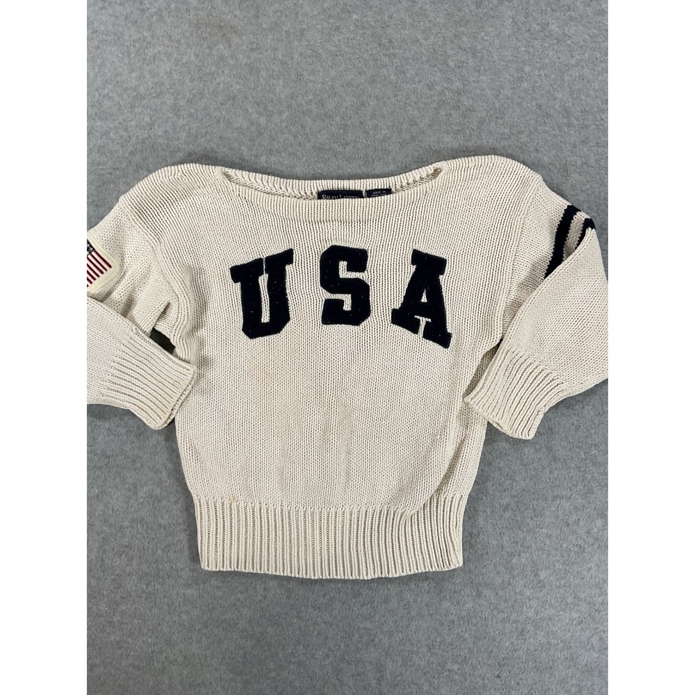 Vintage Ralph Lauren Kids USA Flag Cotton Knit Sweater Cream Navy L/XL 2565